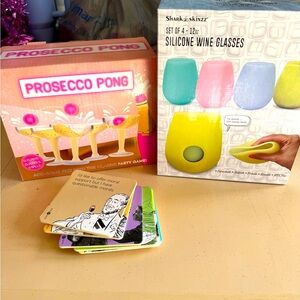 Prosecco pong, silicon wine glasses, and drinking coasters!